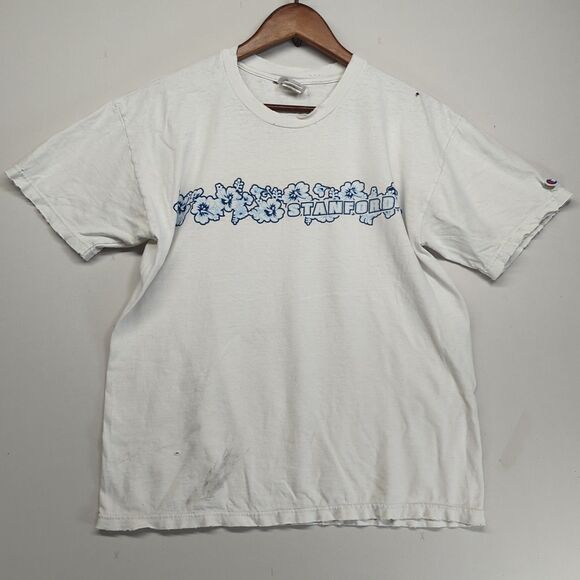 Champion Stanford University Hawaiian Hibiscus Floral Print White Thrashed Large - Picture 1 of 12